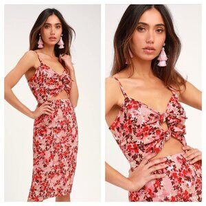 WAYF Victoria Floral Print Tie Front Cutout Midi Dress Mauve Pink Women's XS